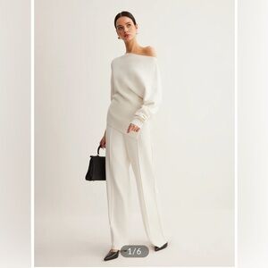 Elegant Women's Cream Asymmetrical Sweater and Wide-Leg Trousers Set